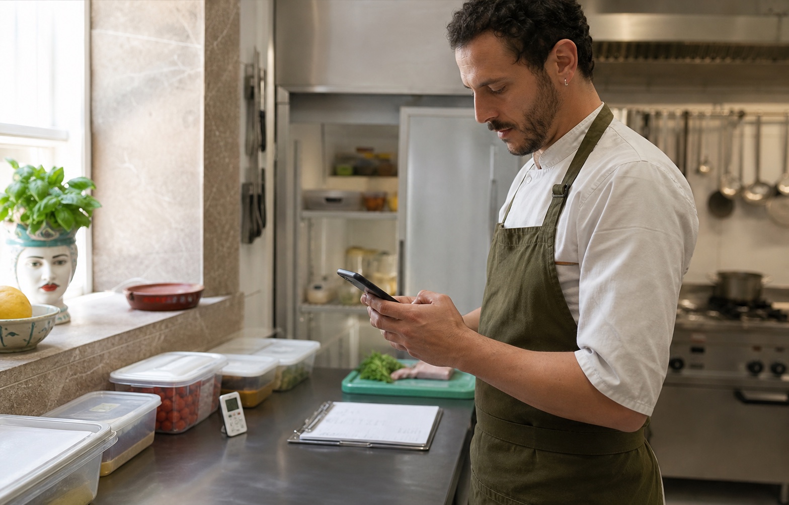 Operatore alimentare che registra un controllo HACCP su smartphone