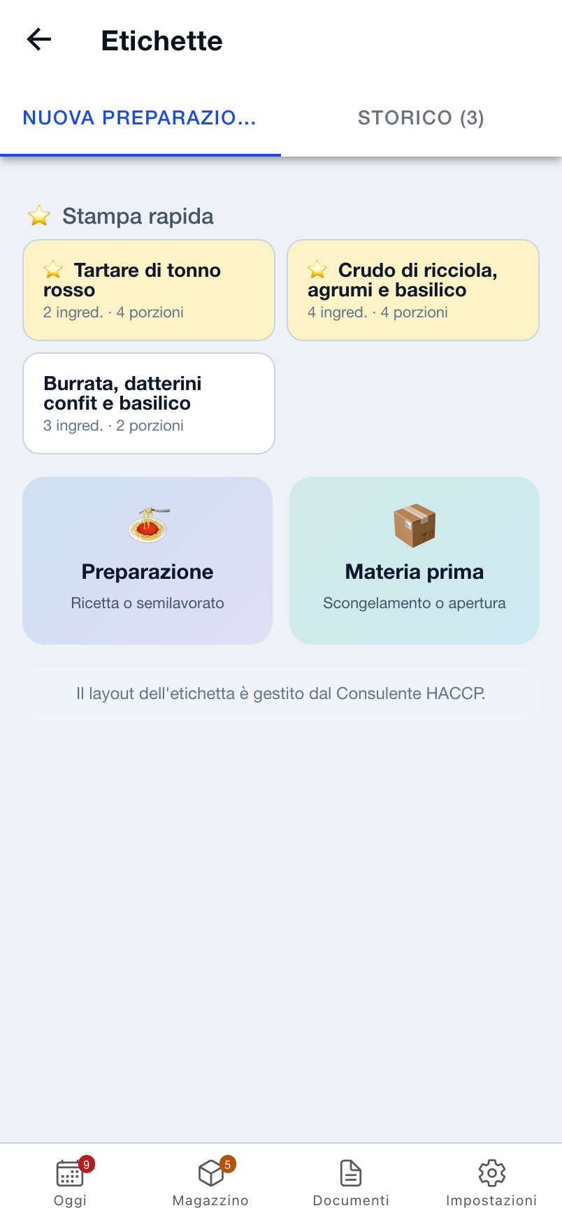 Schermata dimostrativa delle etichette di preparazione TrackEAT